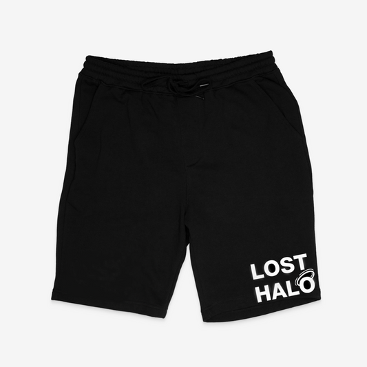 Black cotton athletic shorts with Lost Halo logo printed in white