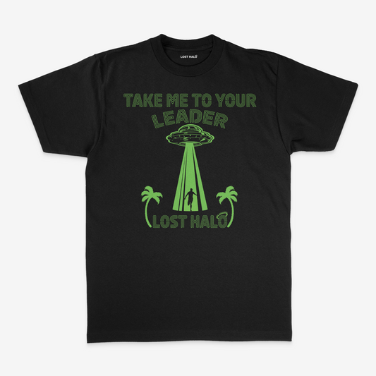 Black short sleeve tshirt with Green Alien Lost Halo graphic printed on the front