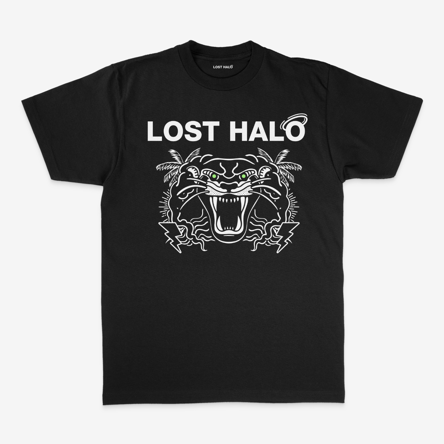 Black tshirt with white Lost Halo tiger design on the front