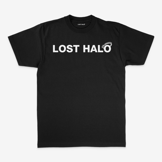 Black Cotton short sleeve t shirt with whte Lost Halo Logo on chest 