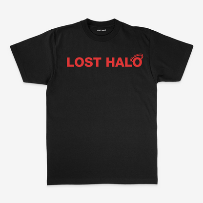 Black Cotton short sleeve t shirt with red Lost Halo Logo on chest