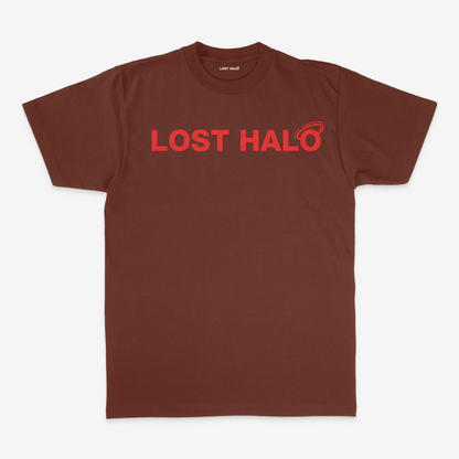 Brown Cotton short sleeve t shirt with red Lost Halo Logo on chest