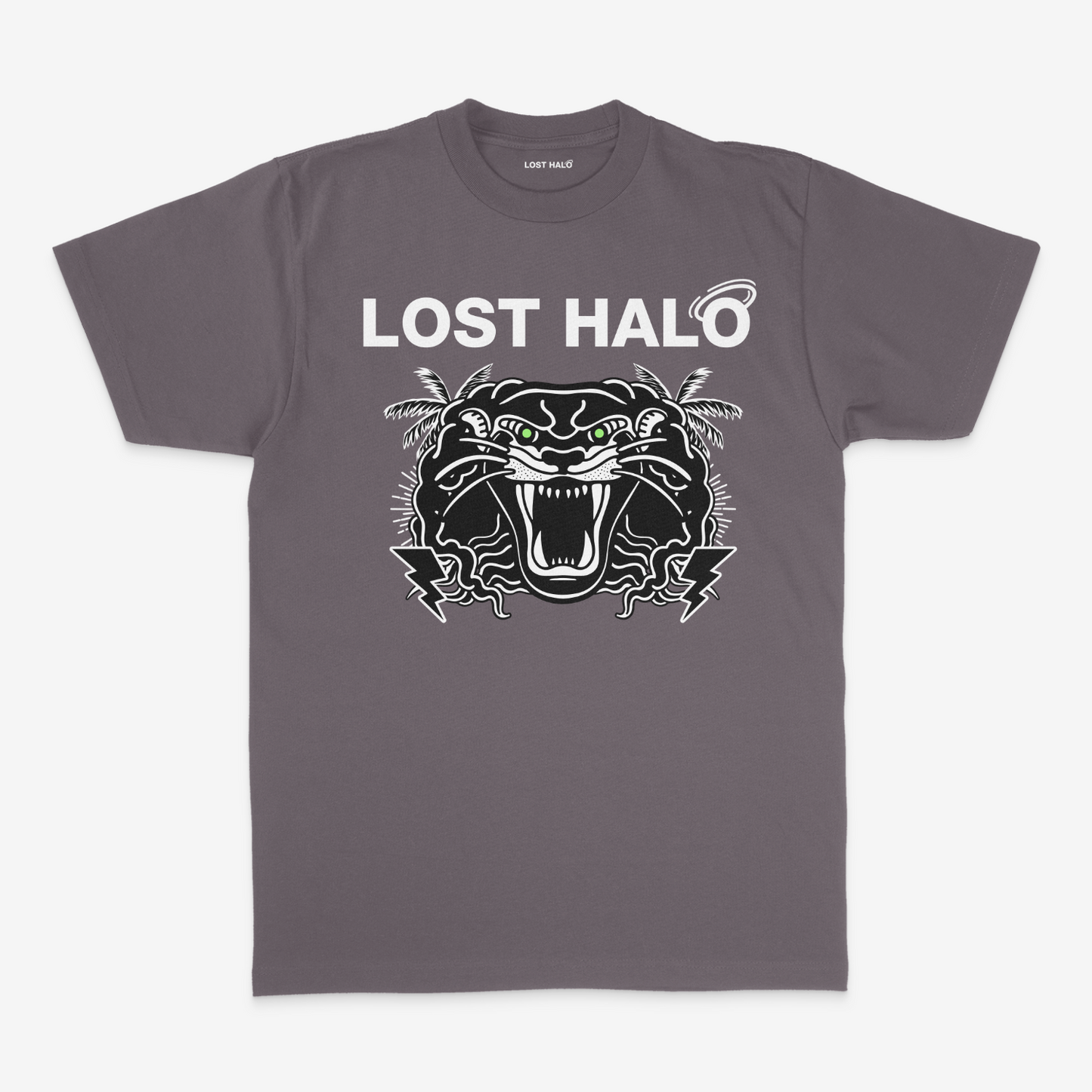 gray tshirt with white Lost Halo tiger design on the front