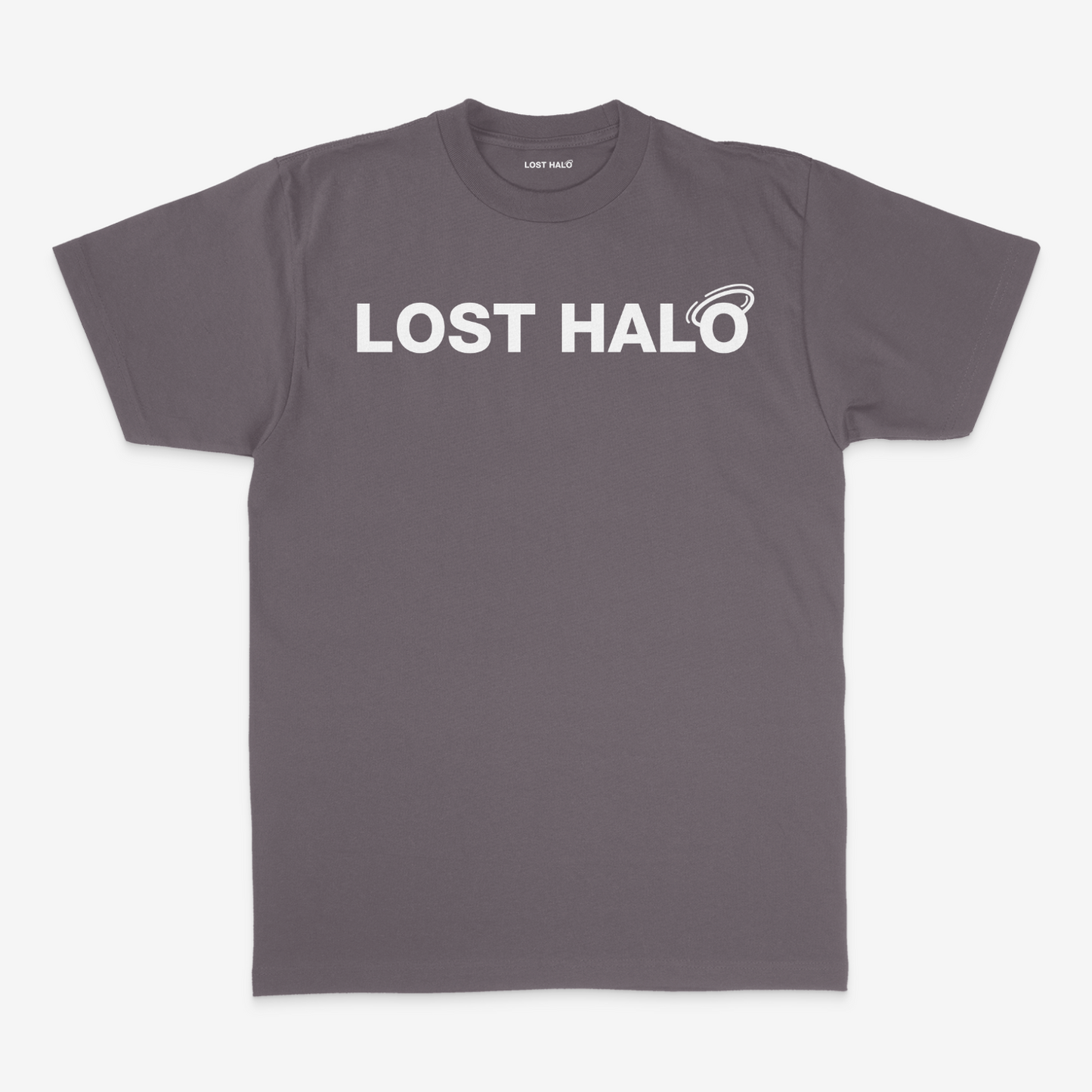 Grey Cotton short sleeve t shirt with whte Lost Halo Logo on chest