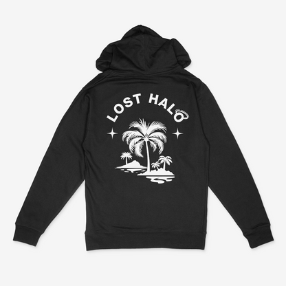 Plam Tree Lost Halo design shown on back of black hoodie