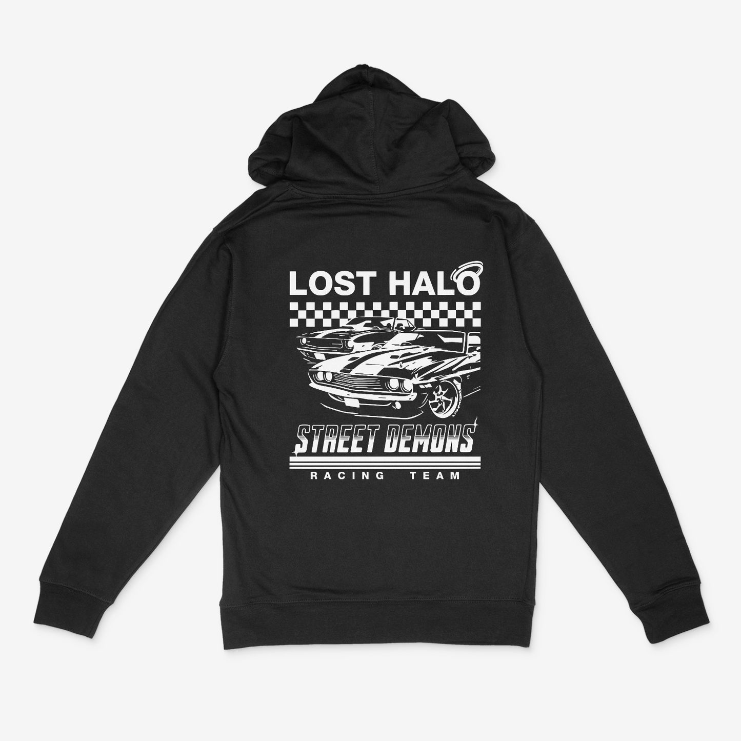 Black hoodie with Lost Halo Street Demons racing graphic on the back