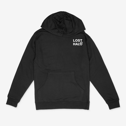 Black streetwear hoodie with Lost Halo chest logo