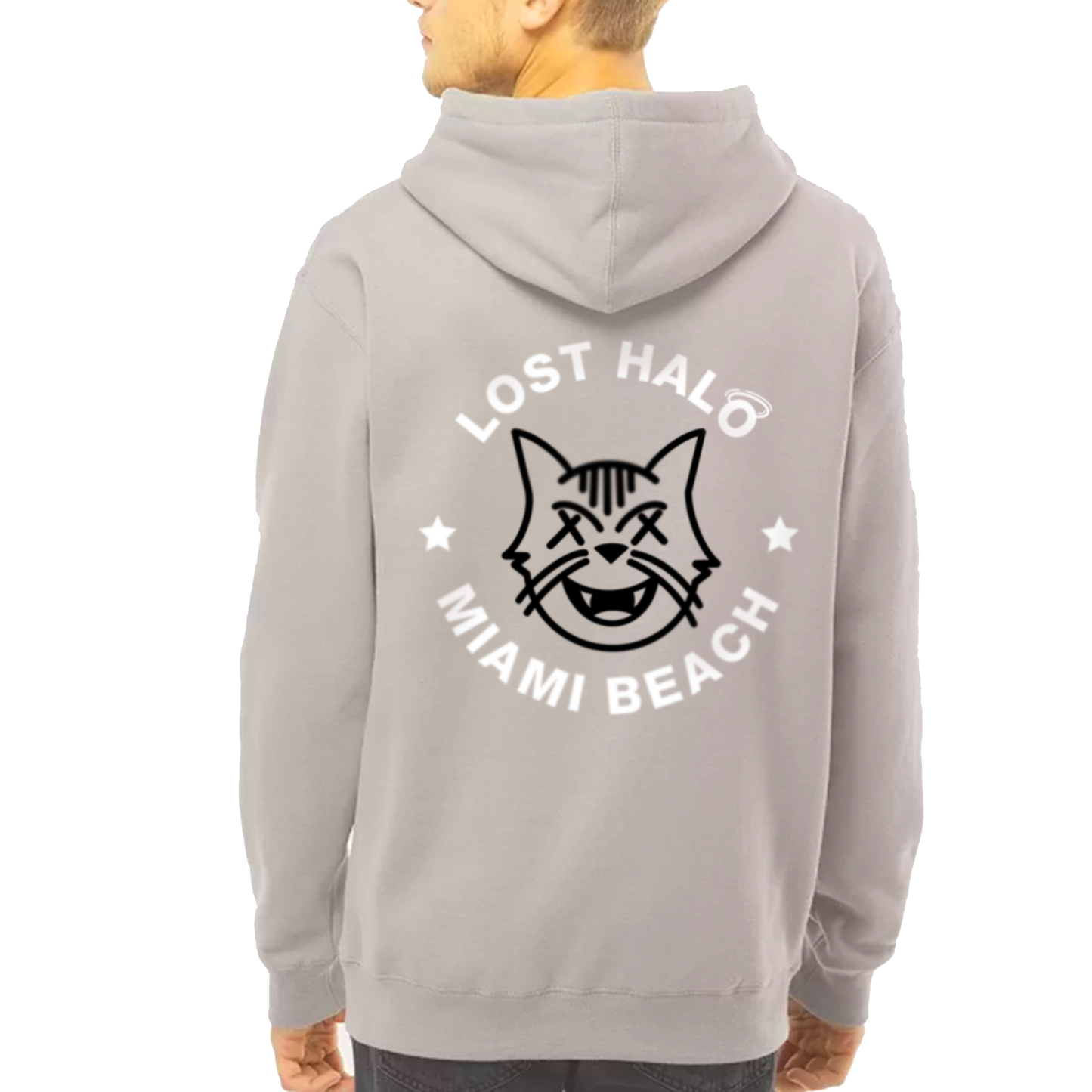 Sand colored hoodie with Miami Cat Lost Halo logo on back