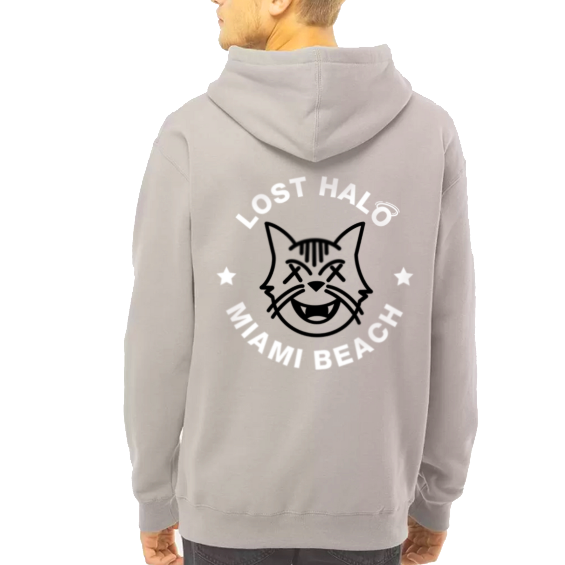 Sand colored hoodie with Miami Cat Lost Halo logo on back