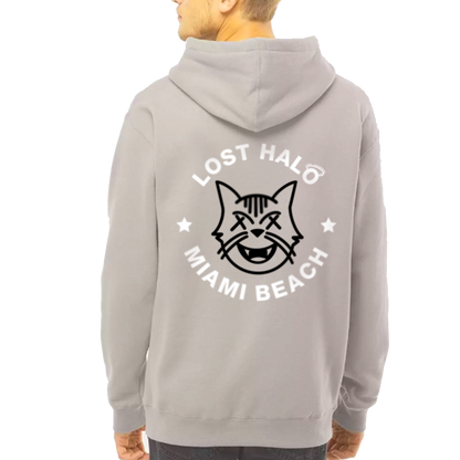 Sand colored hoodie with Miami Cat Lost Halo logo on back