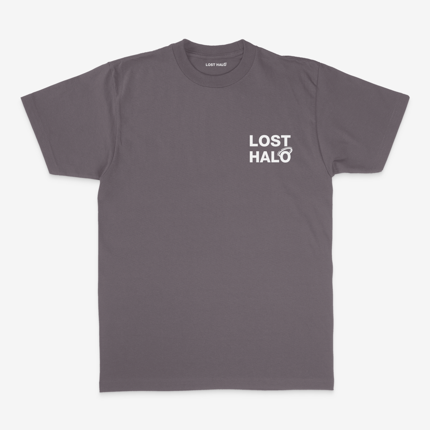 Gray streetwear tee with Lost Halo chest logo