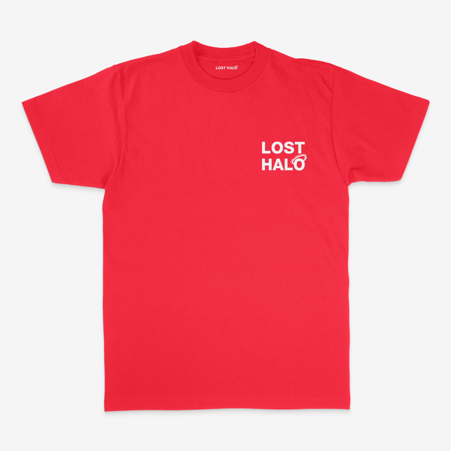 Red streetwear tee with Lost Halo logo on chest