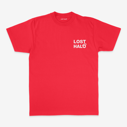 Red streetwear tee with Lost Halo logo on chest