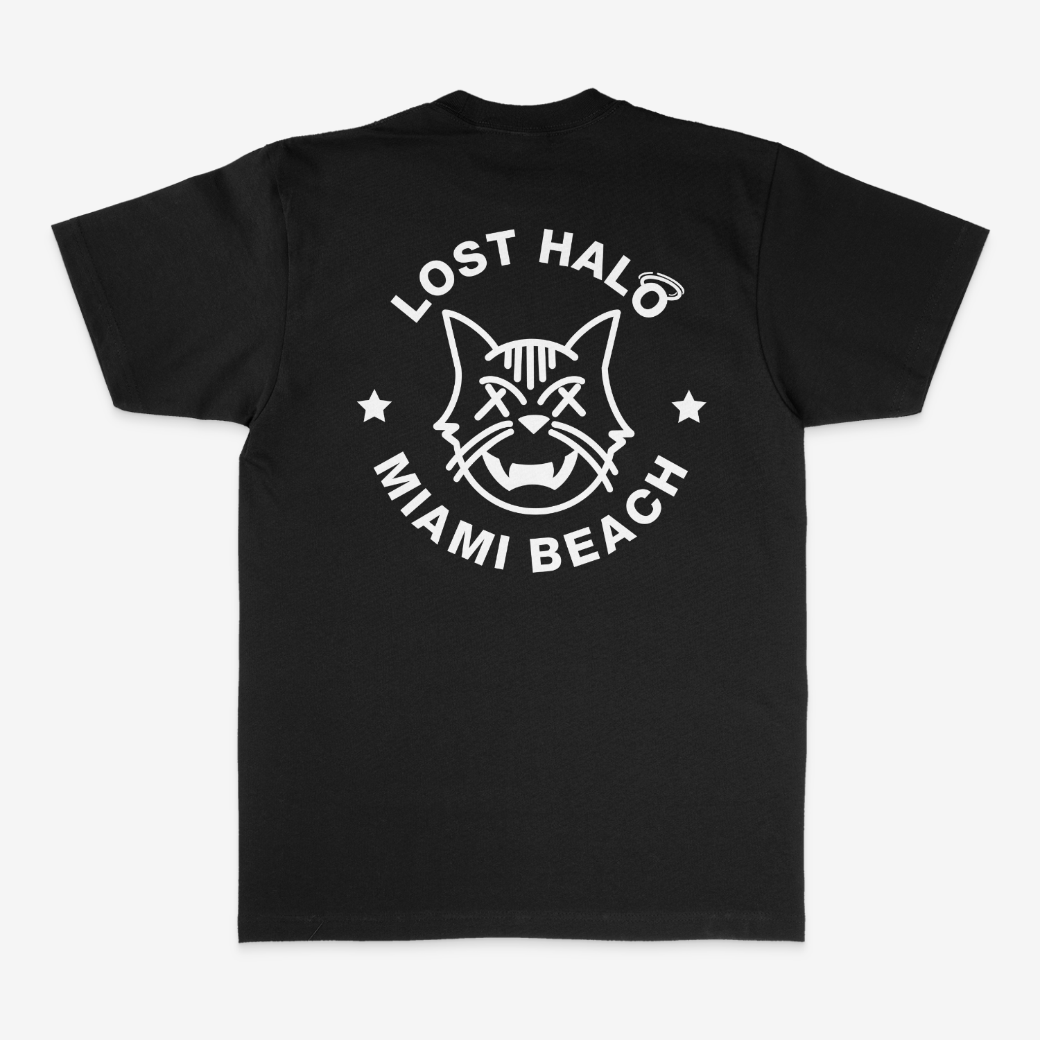 Black streetwear tee with Miami Cat Lost Halo design on back