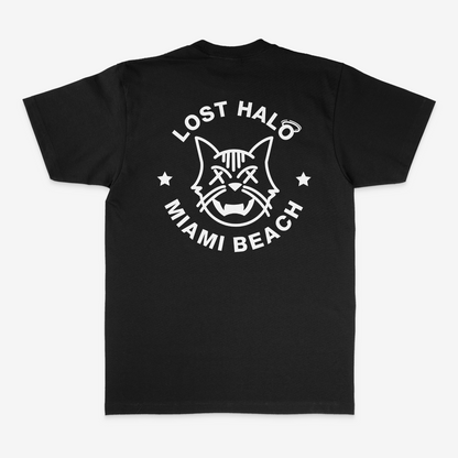 Black streetwear tee with Miami Cat Lost Halo design on back