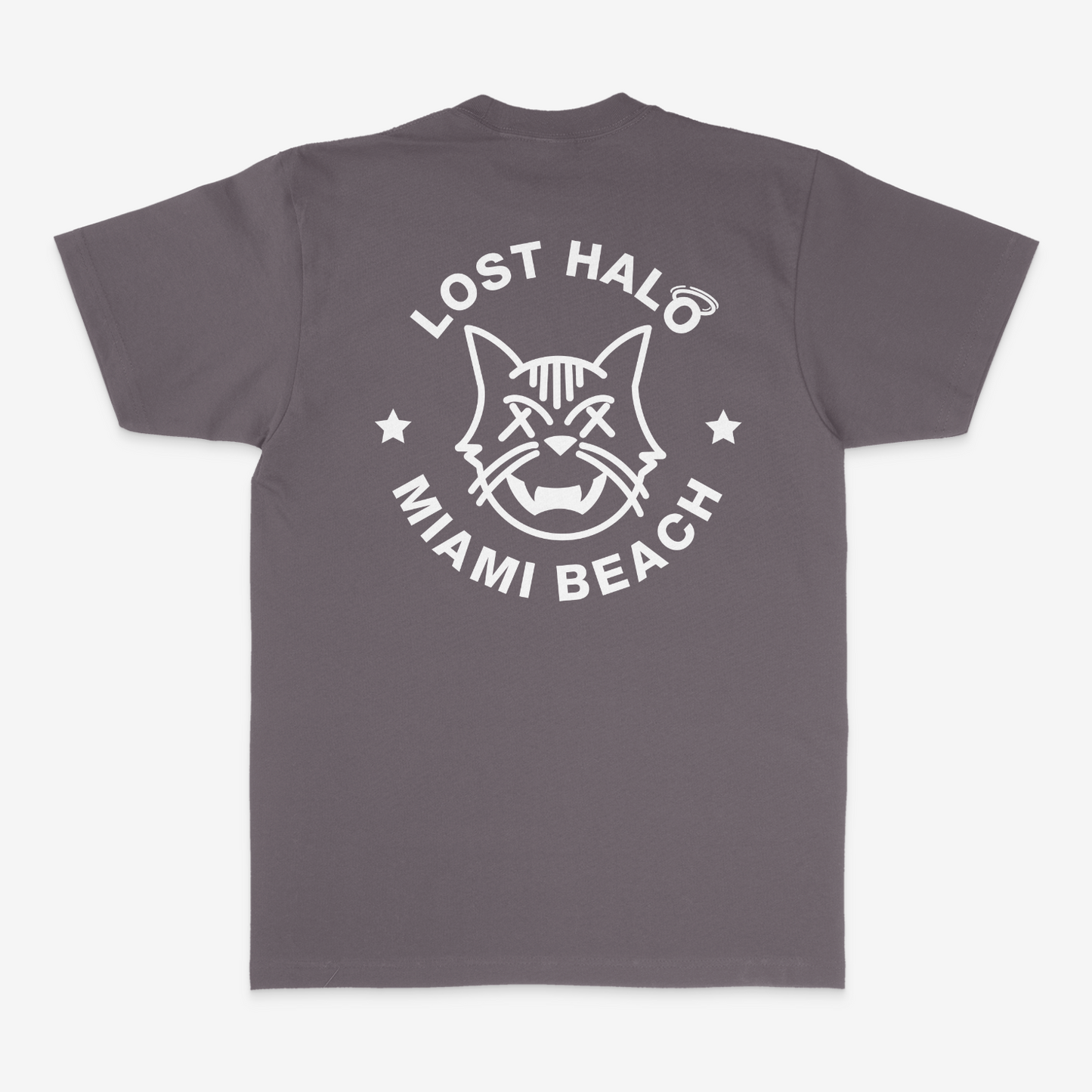 Gray streetwear tee with Miami Cat Lost Halo design on back