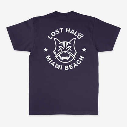 Navy streetwear tee with Miami Cat Lost Halo design on back