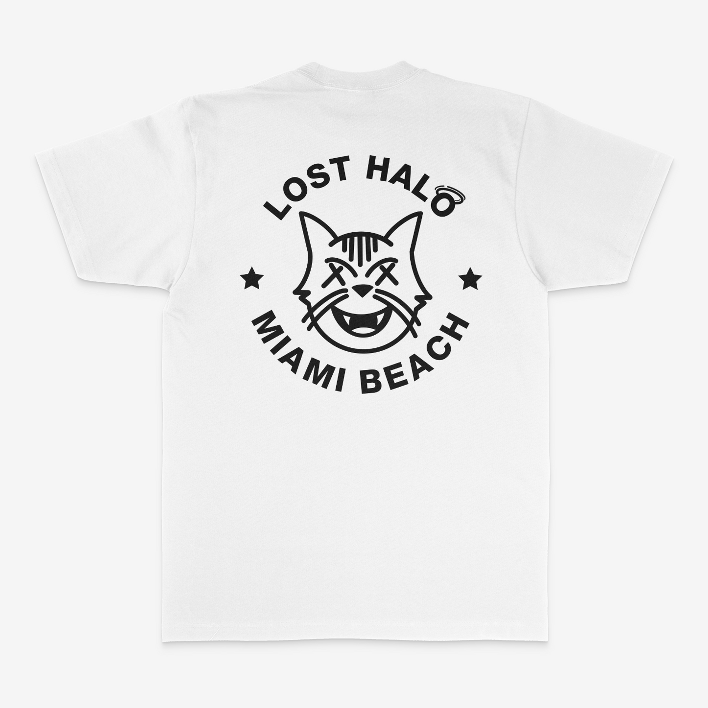 White short sleeve tshirt with Black Miami Cat Lost Halo graphic printed on the back