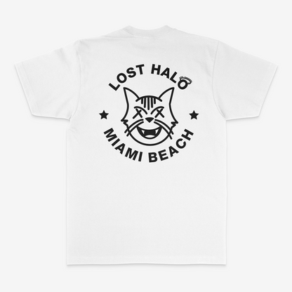 White short sleeve tshirt with Black Miami Cat Lost Halo graphic printed on the back