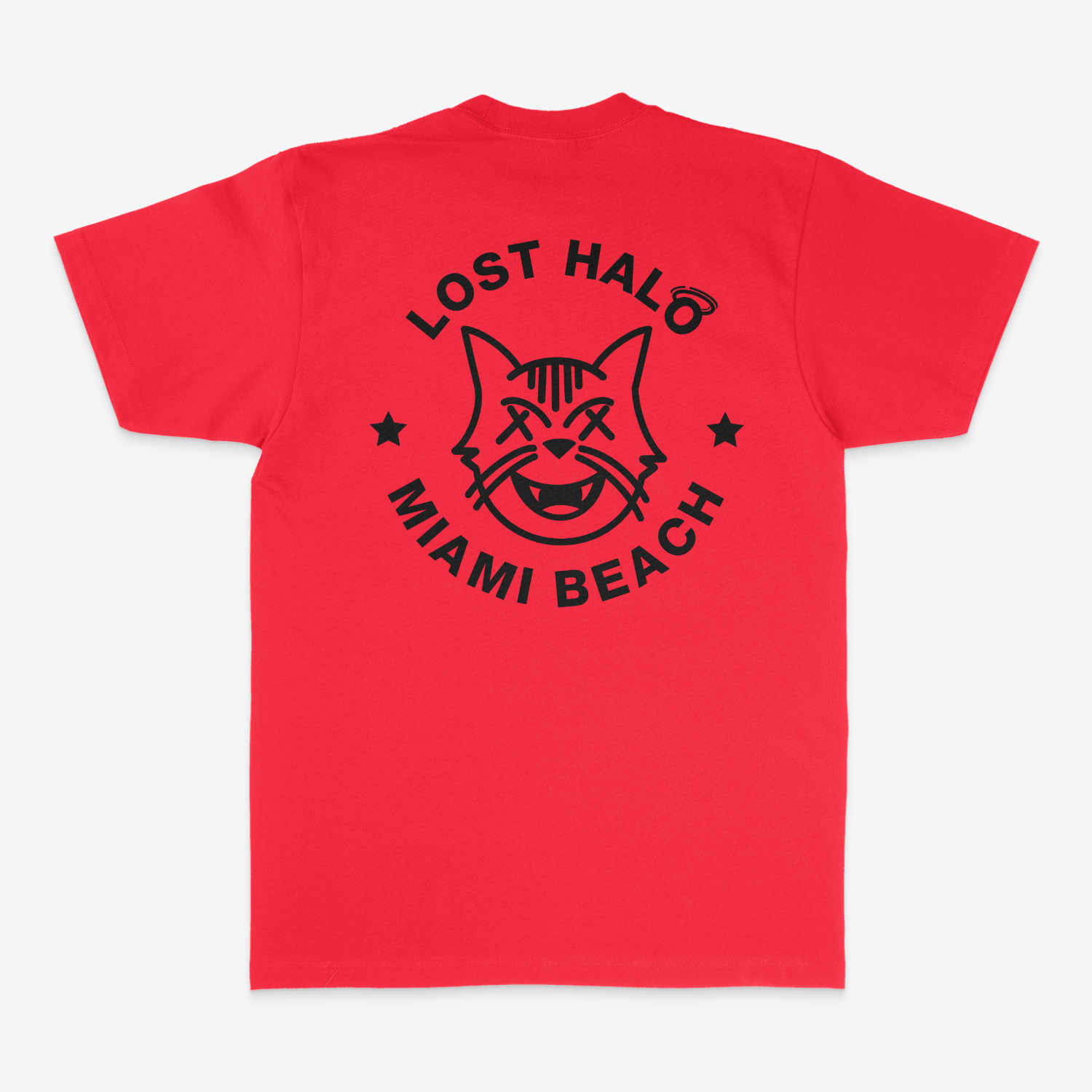 Red short sleeve tshirt with Black Miami Cat Lost Halo graphic printed on the back