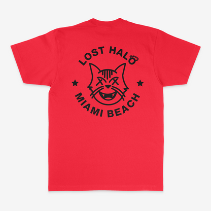 Red short sleeve tshirt with Black Miami Cat Lost Halo graphic printed on the back