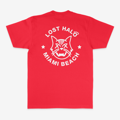 Red streetwear tee with Miami Cat Lost Halo design on back