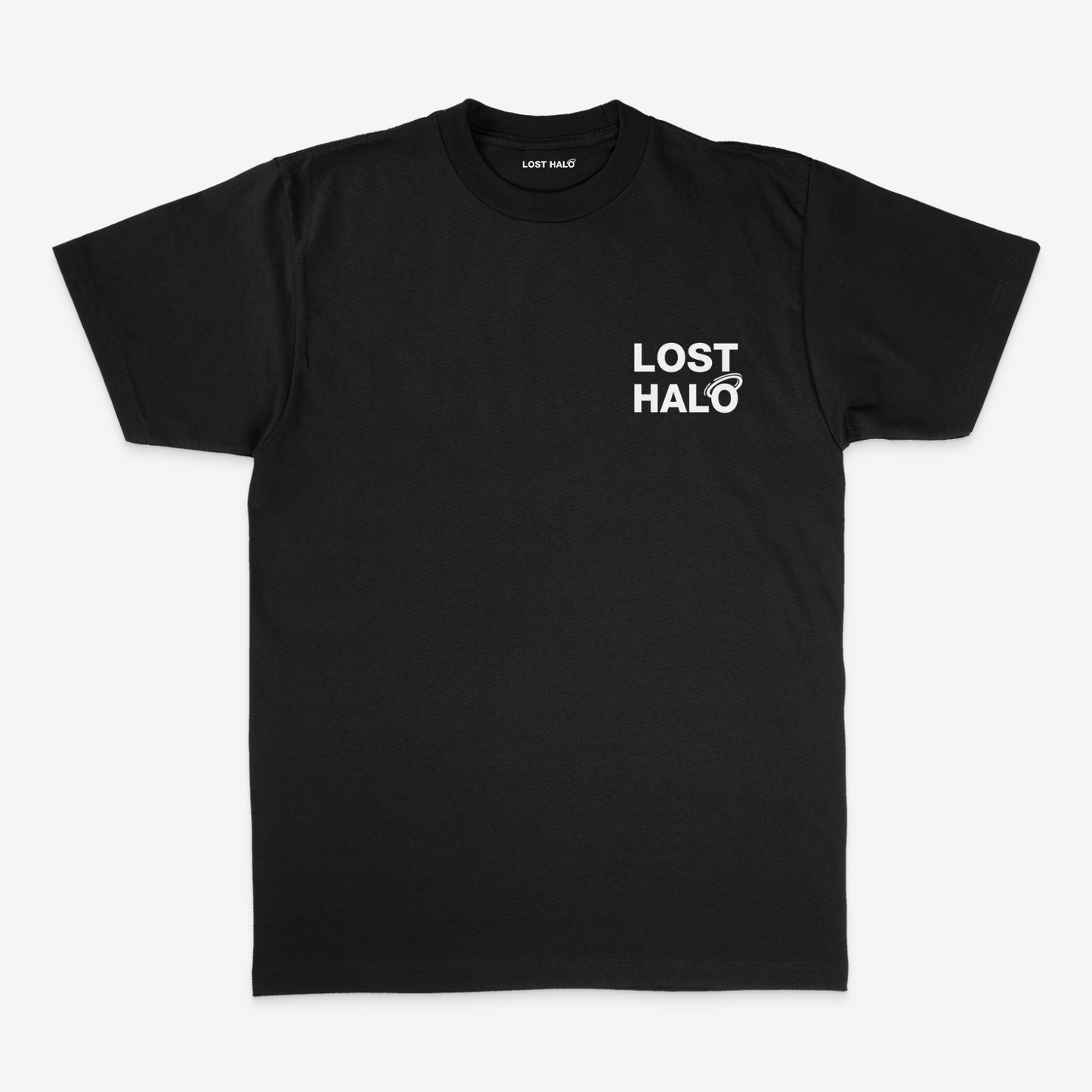 black streetwaer tee with Lost Halo chest print