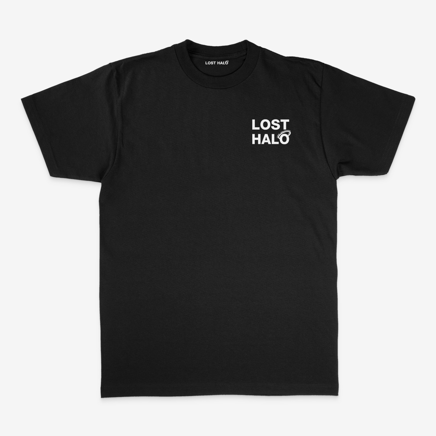 black cotton tshirt Lost Halo printed in white on chest