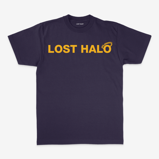 Navy Cotton short sleeve t shirt with gold Lost Halo Logo on chest