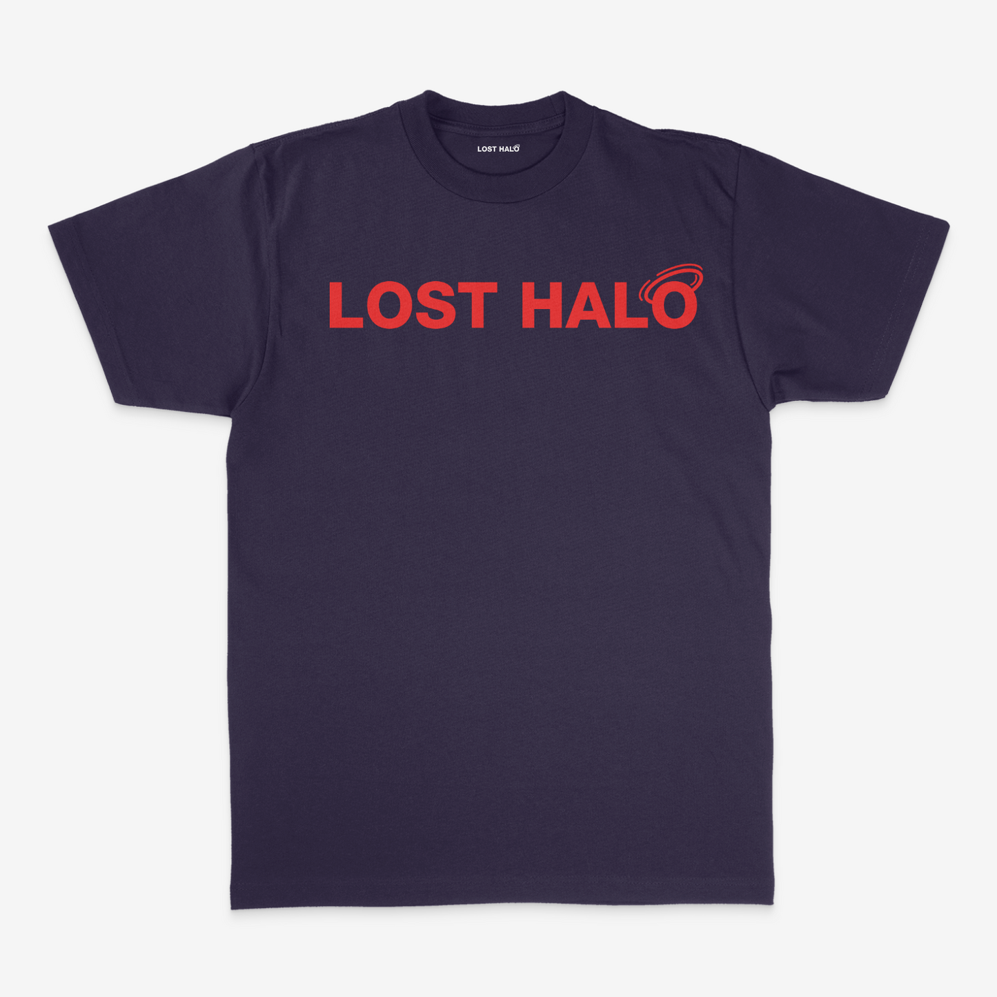 Navy Cotton short sleeve t shirt with red Lost Halo Logo on chest