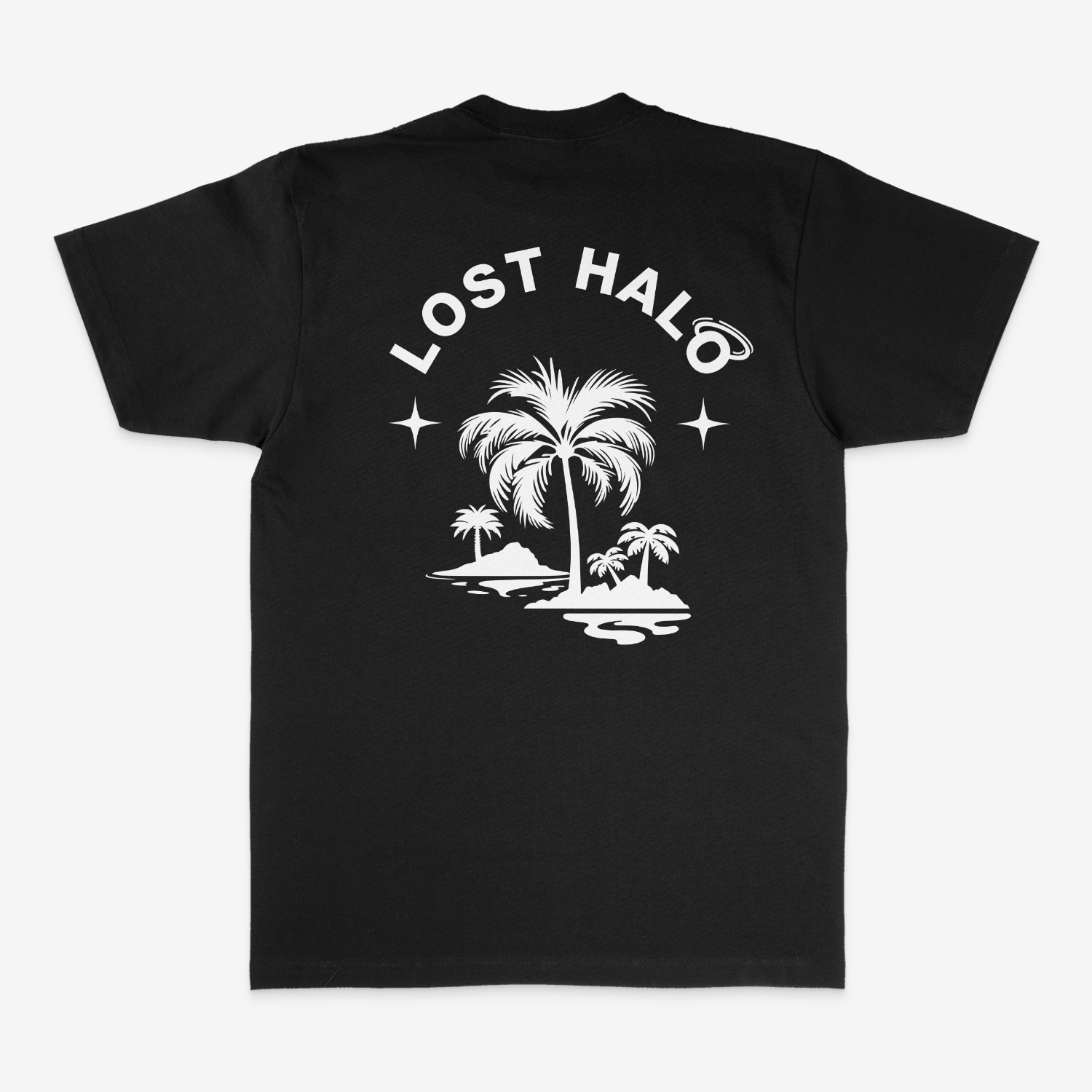 Black Cotton tshirt with Lost Halo Palm tree design