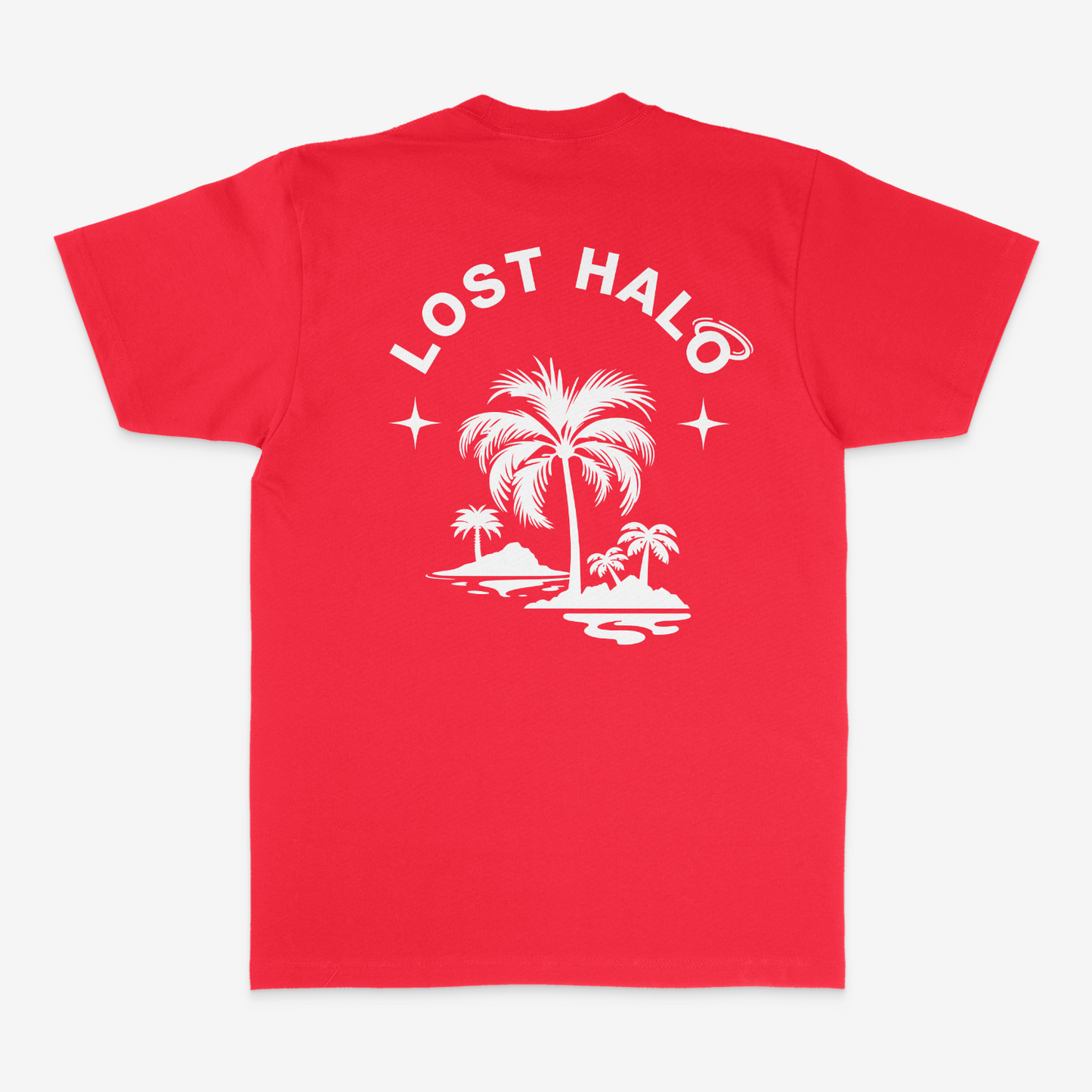 Red Cotton tshirt with Lost Halo Palm tree design