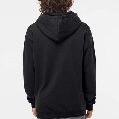 model showing the back of a black hoodie