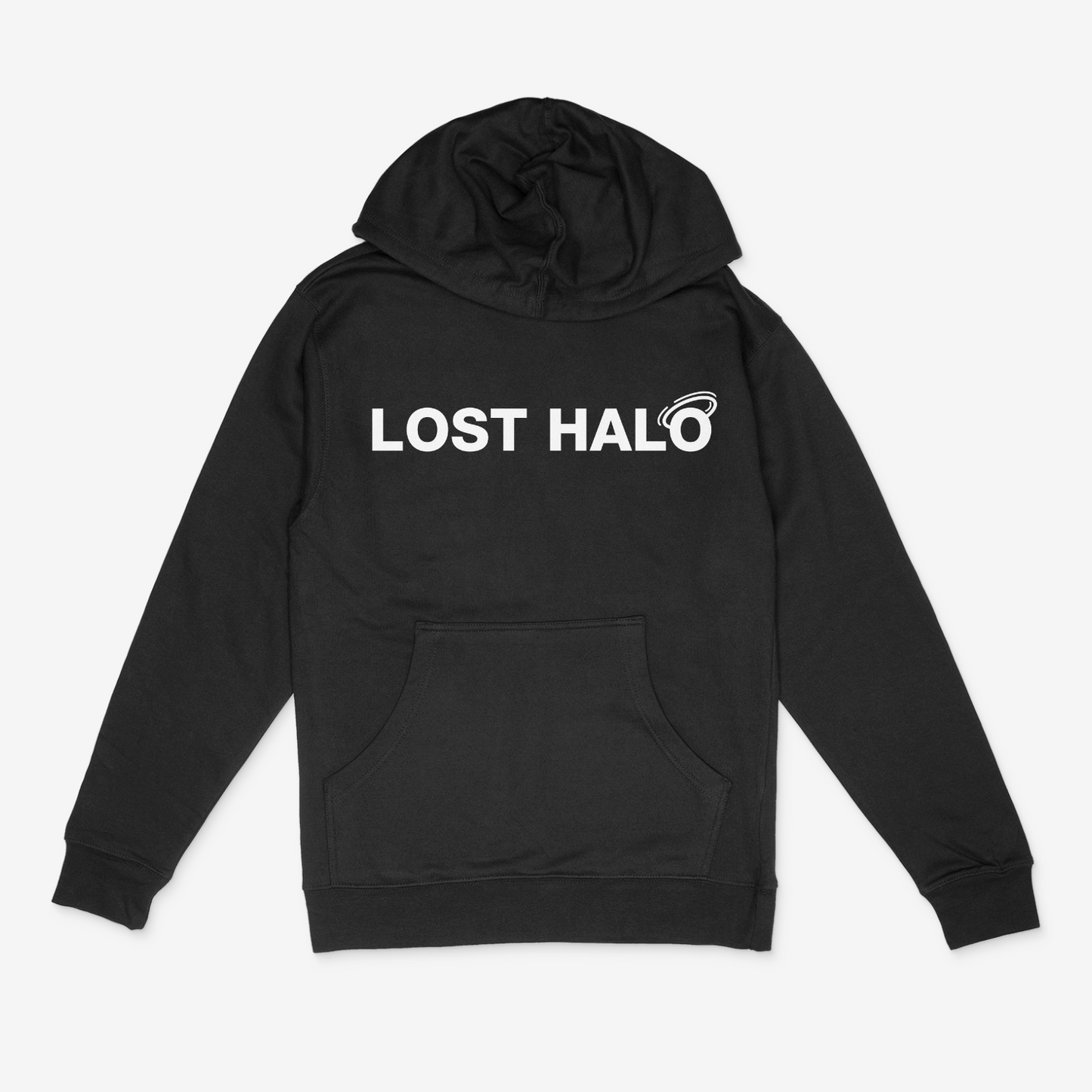 black hoodie with white Lost Halo logo printed across chest